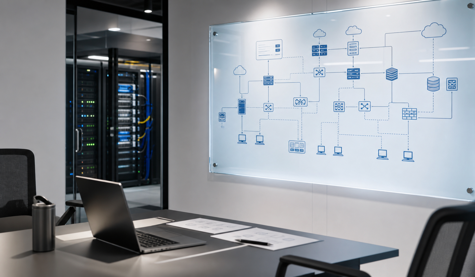 Technology architecture review workspace with infrastructure planning visuals